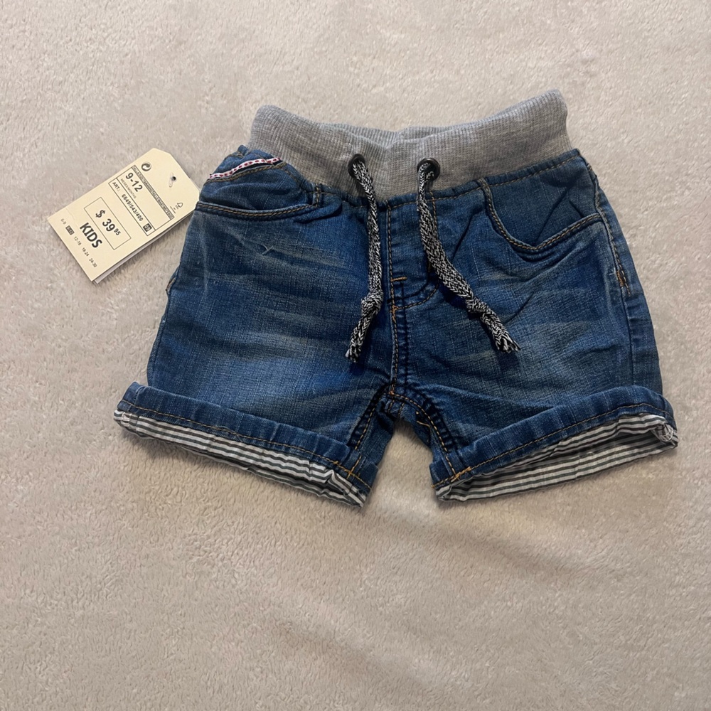 Little Guest Comfy Blue Kids Shorts with Gray Waistband Size 9-12 Months
